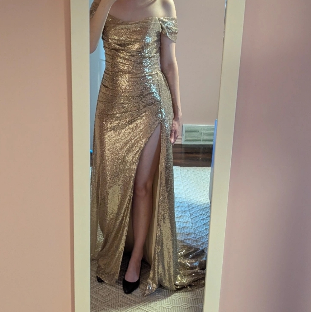 Gold Sequin Off-Shoulder Gown